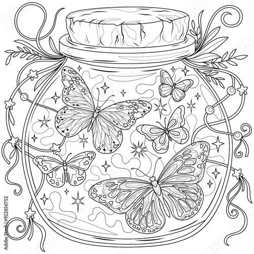 Butterflies in a jar.Coloring book antistress for children and adults.  Black and white drawing