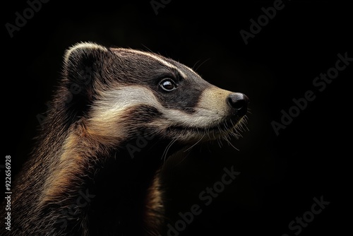 Photo of a badger isolated against a black background, emphasising the badger's majestic features. Wildlife and conservation concept, space for copy.