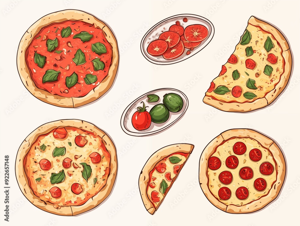 set of various tasty pizza illustration. AI generated set of various tasty pizza illustration. AI generated