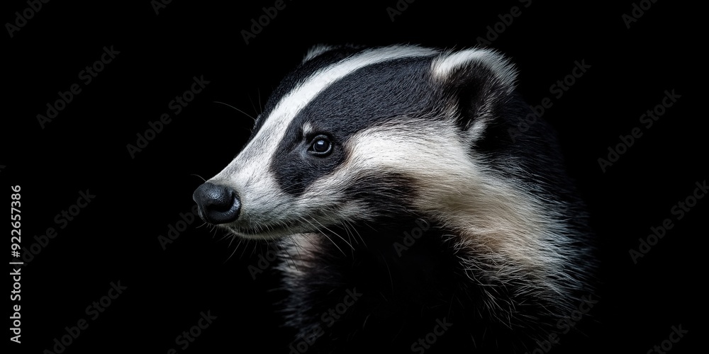 Photo of a badger isolated against a black background, emphasising the badger's majestic features. Wildlife and conservation concept, space for copy. Photo of a badger isolated against a black background, emphasising the badger's majestic features. Wildlife and conservation concept, space for copy.