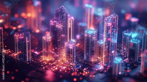 Futuristic Cityscape with Neon Lights and Glowing Buildings - Abstract Urban Architecture Concept.