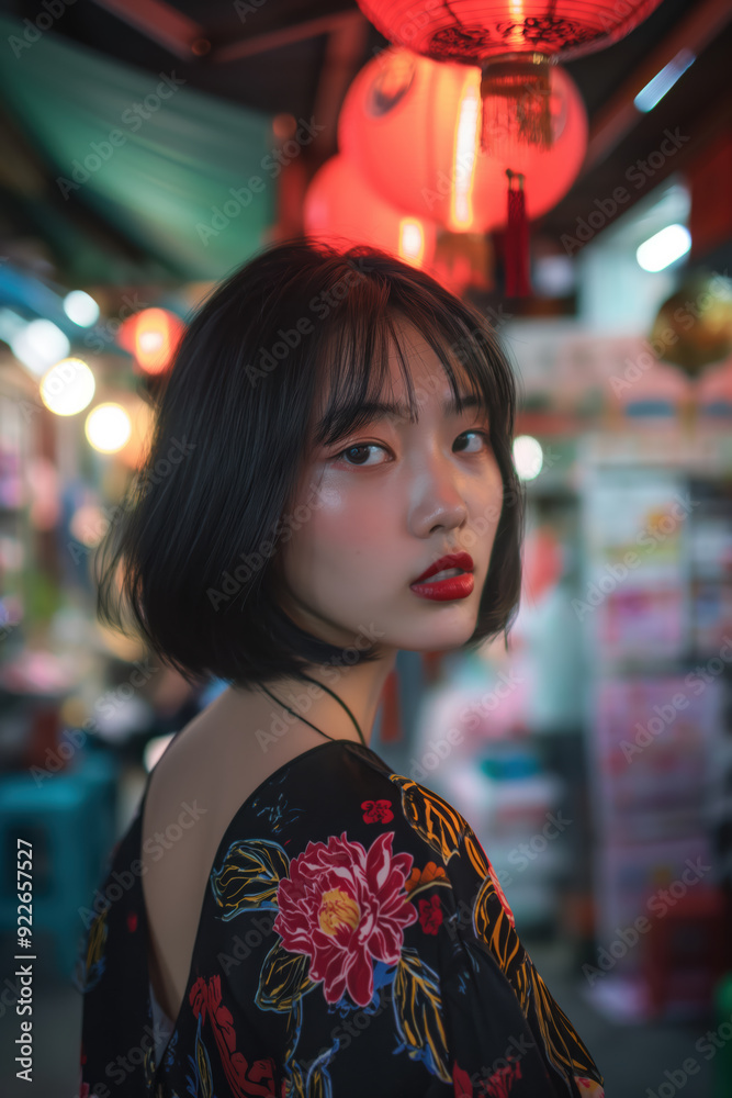 A woman with red lipstick stands in front of a red lantern A woman with red lipstick stands in front of a red lantern