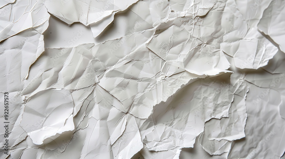 Close-up of crumpled white paper texture showcasing intricate folds and creases. Close-up of crumpled white paper texture showcasing intricate folds and creases.