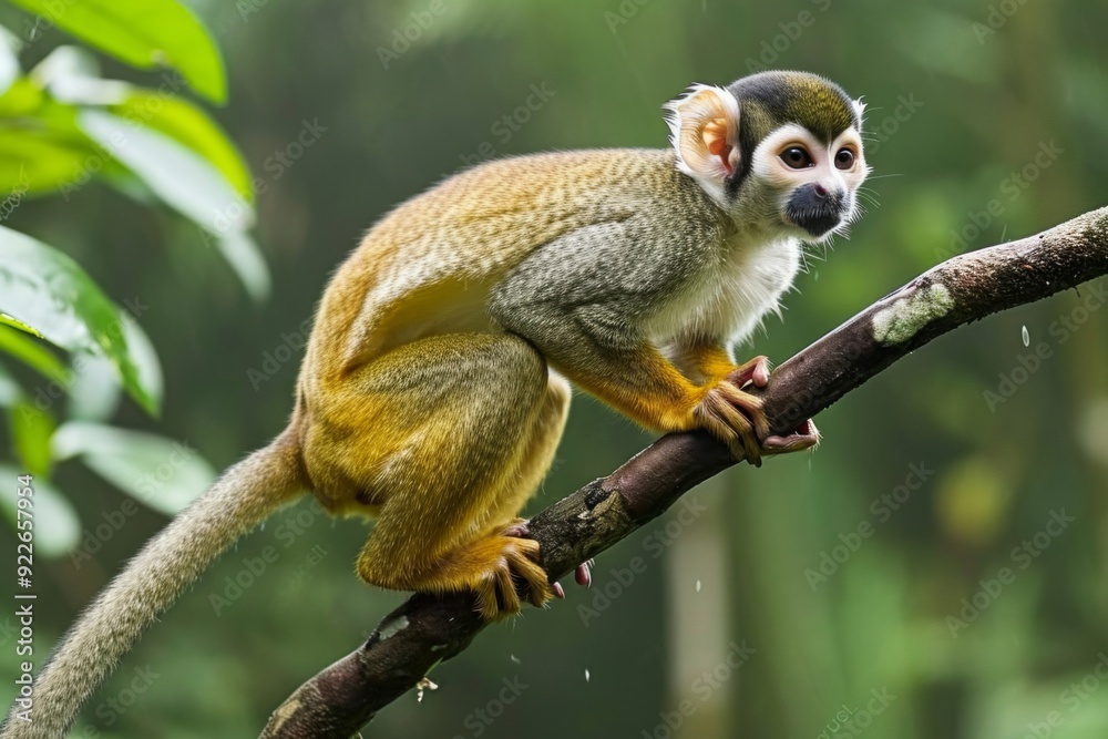 Obraz premium An image showcasing a squirrel monkey leaping between branches with agility, demonstrating its active and social behavior in the rainfores