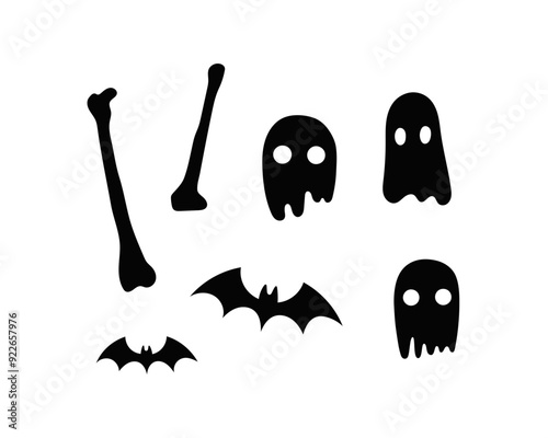 Vector Halloween illustration set. Hand drawn silhouette of ghost, bat and bones isolated on a transparent background. SVG file for Cricut photo