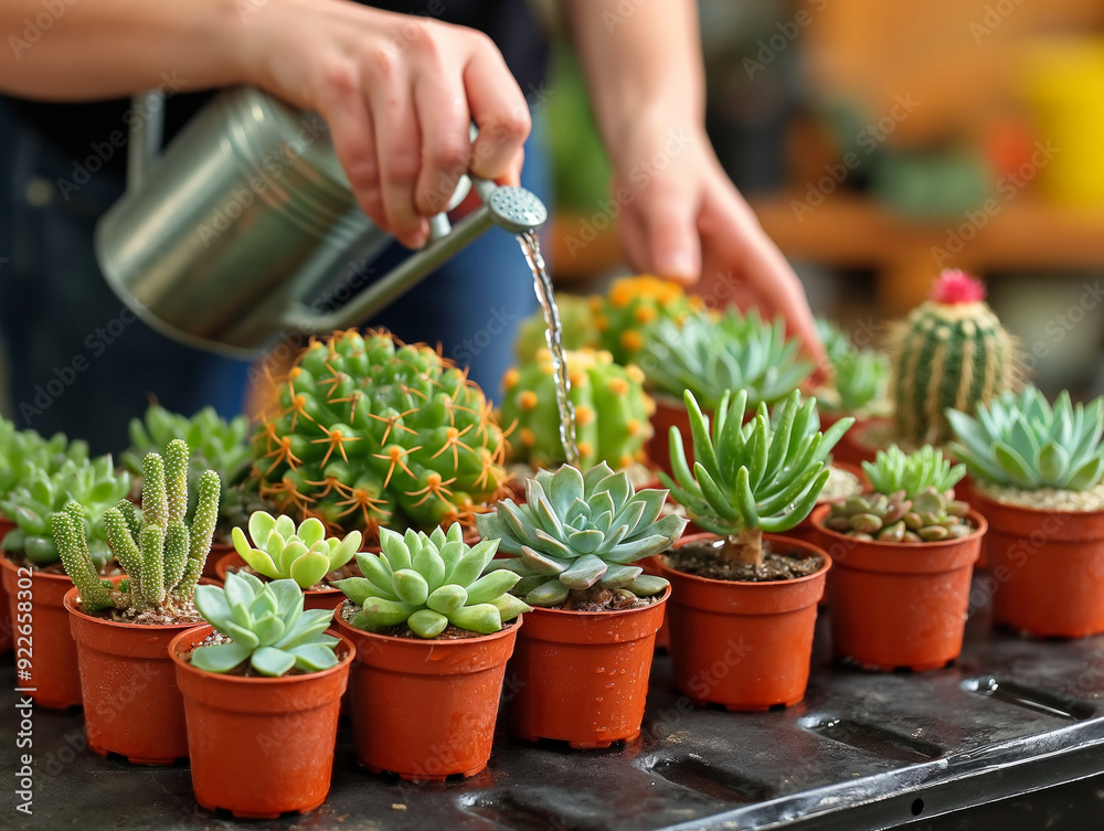 A person is watering a variety of cacti and succulents in small pots. The plants are arranged in a row on a table, and the person is using a watering can to give them water