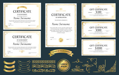 Set of gold templates for sertificates. diplomas. award documents in vintage classic style