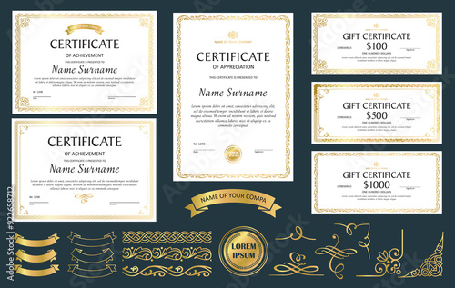 Set of gold templates for sertificates. diplomas. award documents in vintage classic style photo