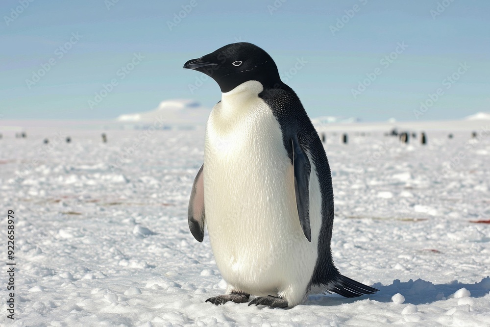 Obraz premium An image showcasing a penguin waddling on ice, emitting a charming and endearing aura that defines its unique natur