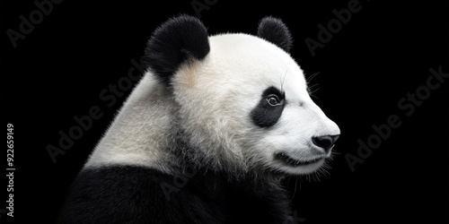 Photo of a panda isolated against a black background, emphasising the panda's majestic features. Wildlife and conservation concept, space for copy.