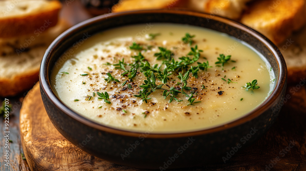 Pour le dîner, un bon vivant savoure un potage chaud avec poulet, légumes verts, riz, carottes, persil et crème dans une assiette. Pour le dîner, un bon vivant savoure un potage chaud avec poulet, légumes verts, riz, carottes, persil et crème dans une assiette.