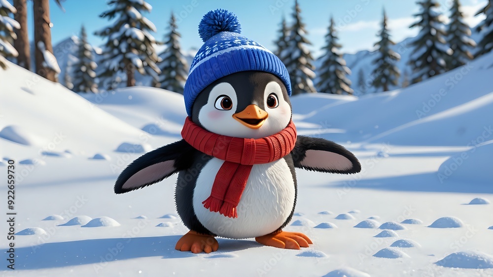 Fototapeta premium Cute cartoon penguin wearing a blue hat and red scarf standing in the snow.