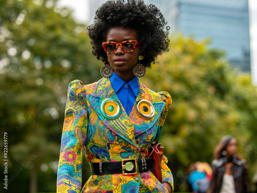 A woman wearing a colorful outfit with a blue shirt and sunglasses. She is standing in a park with trees in the background