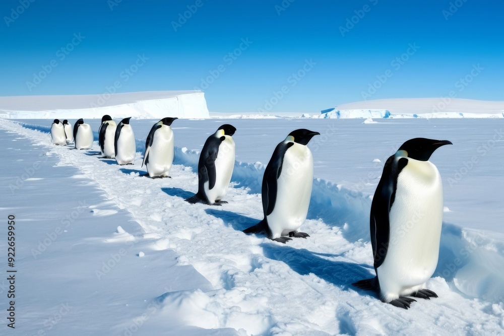 Obraz premium An image of a colony of penguins gathered on icy shores, their inquisitive stares and huddling behavior exemplifying their social and adaptive nature in Antarctic