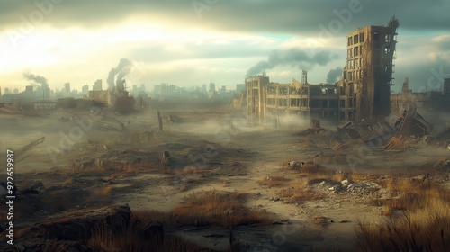 Post-Apocalyptic Cityscape with Ruins and Fog.