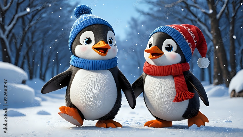 Fototapeta premium Two cute penguins wearing winter hats and scarves walking in the snow.
