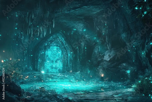 Mystical Blue Glowing Cave Entrance with Stone Steps and Glowing Lights