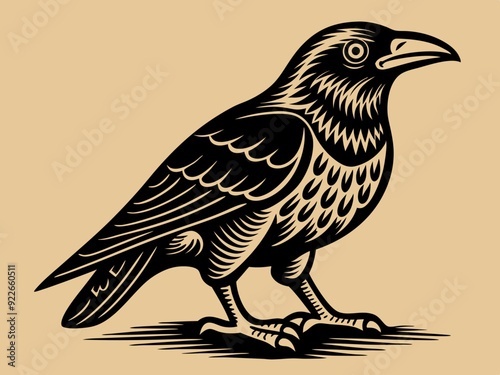 Corbeau Corbeau Corvus Oiseau Vintage Gravé sur bois
