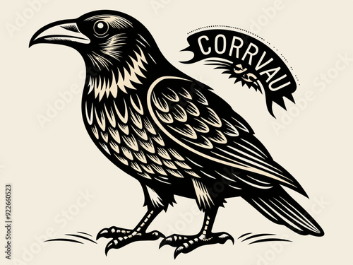 Corbeau Corbeau Corvus Oiseau Vintage Gravé sur bois
