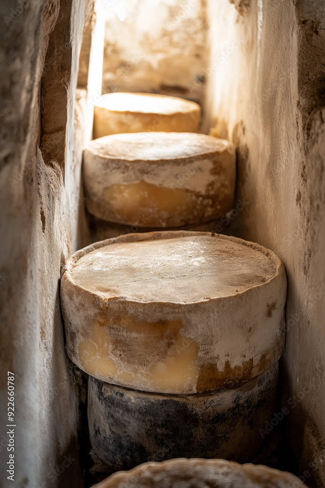 Aged cheese wheel stored in a cellar with a natural rind, highlighting the artisanal craftsmanship. Aged cheese wheel stored in a cellar with a natural rind, highlighting the artisanal craftsmanship.