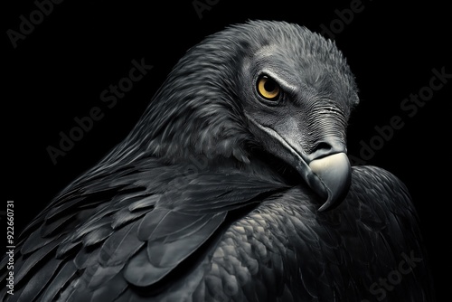 Photo of a vulture isolated against a black background, emphasising the vulture's majestic features. Wildlife and conservation concept, space for copy. photo