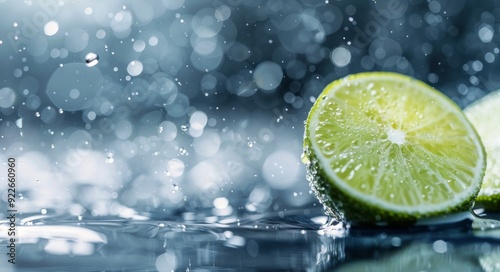 Fresh Lime Halves With Dew Drops On A Blue Background In Soft Focus