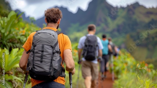 Hiking Adventure in Lush Mountains at Sunrise With Group of Explorers