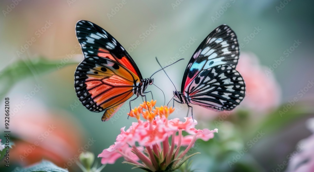 Fototapeta premium Colorful Butterflies Feeding on Pink Flowers in a Garden During Daylight
