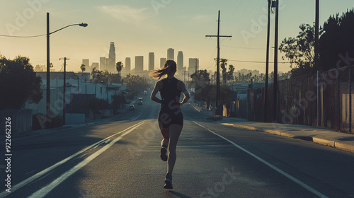 A female woman marathon runner with pony tail training running in the street in LA