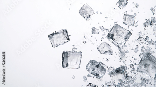 Clear ice cubes pieces falling on a pure white background room for text on left