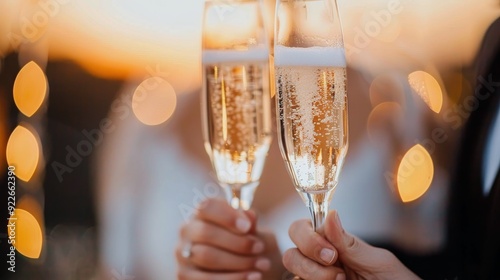 Couple Toasting With Champagne and Bouquet at Outdoor Wedding Ceremony