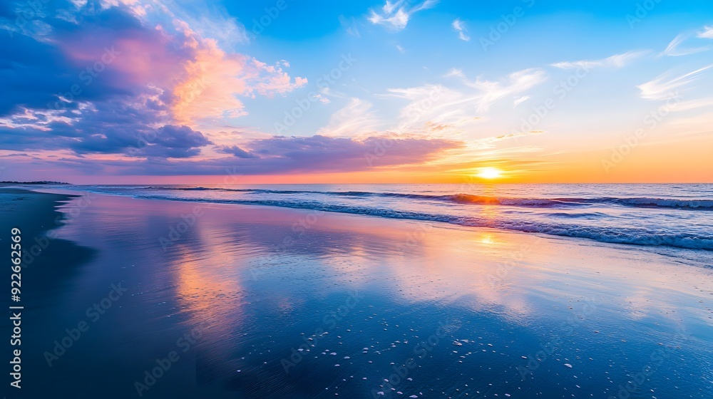 Fototapeta premium Beautiful beach sunset with a blue sky and ocean wave