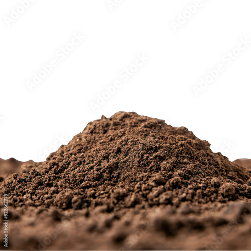 Close-up of a mound of rich, dark soil, showcasing its texture and organic composition, ideal for gardening and nature themes. transparent background