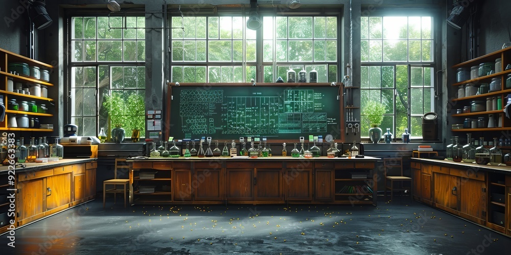 Science classroom with detailed periodic table and lab equipment Science classroom with detailed periodic table and lab equipment