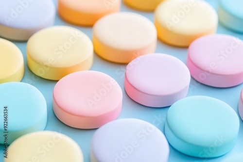 Colorful pastel candies arranged on a blue background