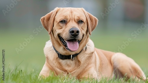 Happy Labrador Retriever Relaxing On Green Grass In A Sunlit Park