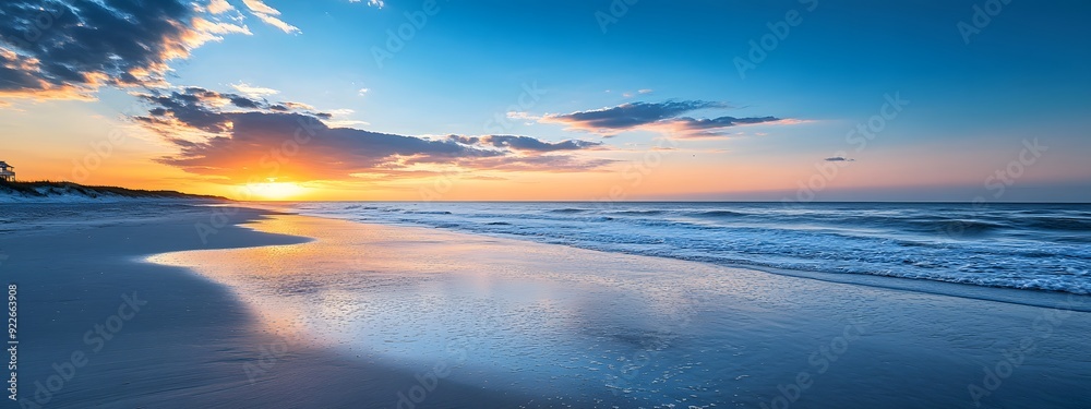 Fototapeta premium Beautiful beach sunset with a blue sky and ocean wave