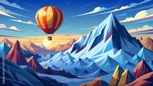 a towering air balloon gliding over snow capped mountains with the sun glinting off the icy peaks