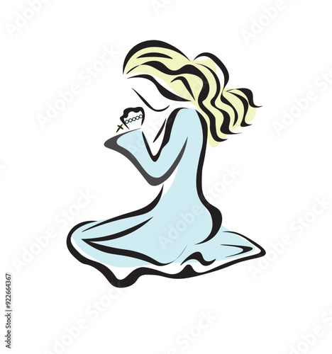 Beautiful woman praying. Portrait. Silhouette in backlight. Vector Illustration.  Hands praying concept for religious people. Praying woman with a rosary in her hands.