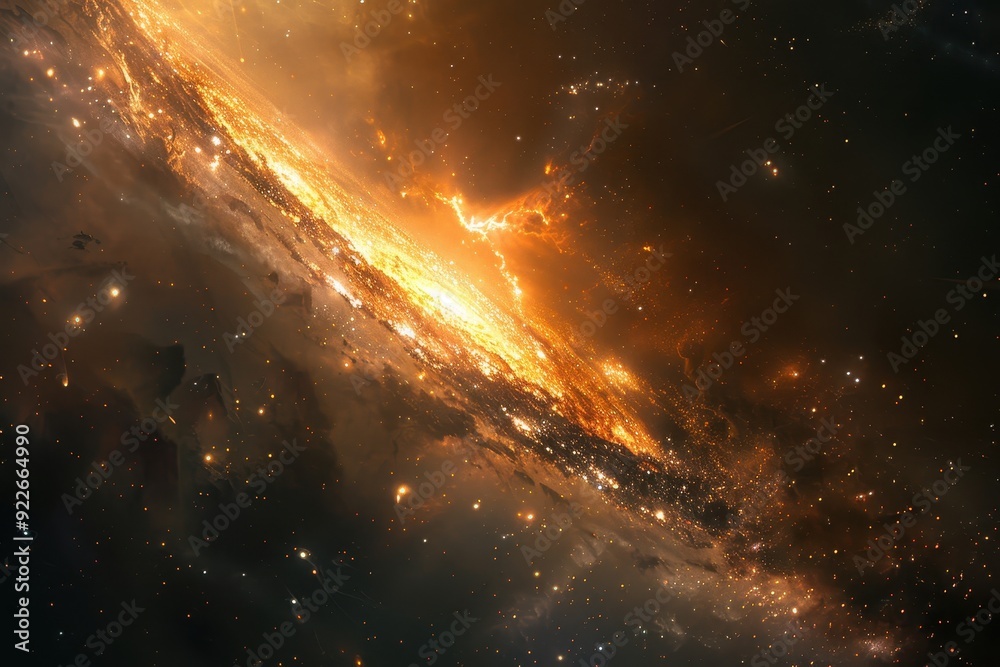 Glowing orange spiral galaxy with bright center and dark dust clouds in deep space Glowing orange spiral galaxy with bright center and dark dust clouds in deep space