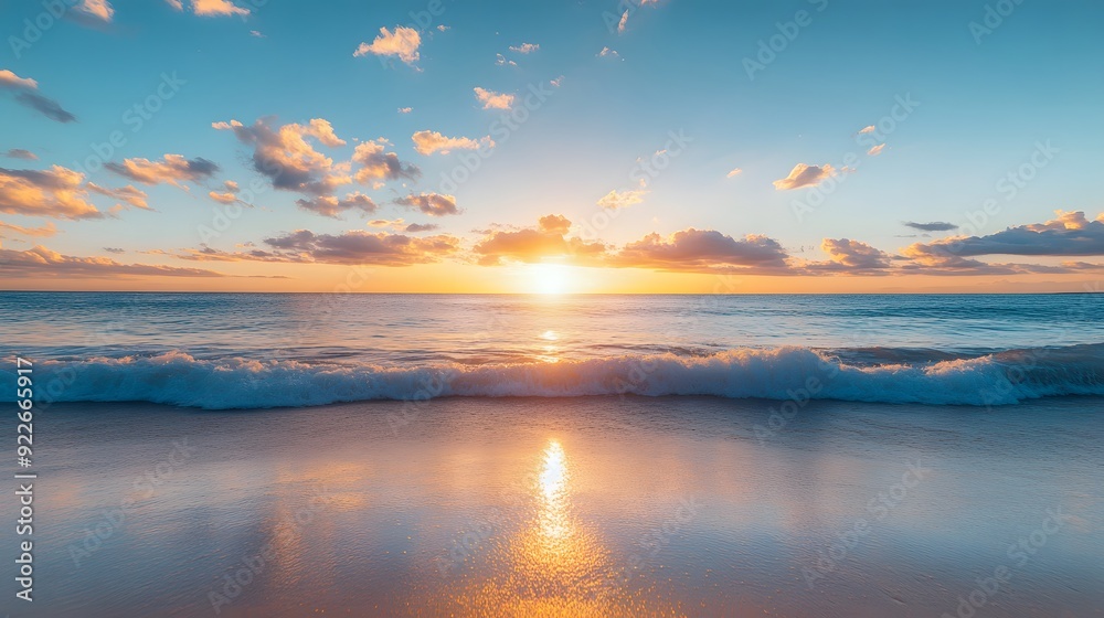 Fototapeta premium Beautiful beach sunset with a blue sky and ocean wave