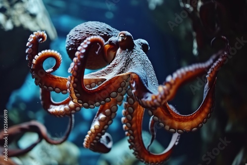 An image of an octopus displaying its intricate tentacles and changing colors, showcasing its mysterious and adaptive nature underwate photo