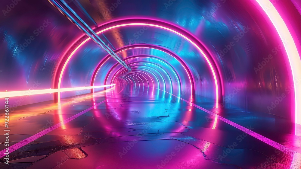 A long, narrow tunnel with a blue and purple neon lights, the floor is cracked and reflective. A long, narrow tunnel with a blue and purple neon lights, the floor is cracked and reflective.