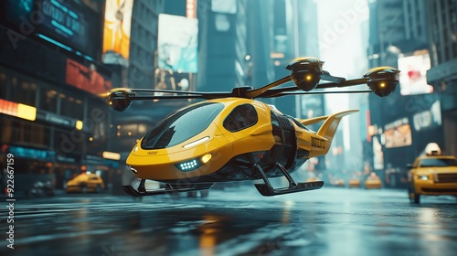 Future of urban air mobility, city air taxi, UAM urban air mobility, Public aerial transportation, Passenger Autonomous Aerial Vehicle AAV in futuristic city,