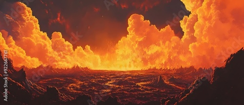 Majestic Volcanic Eruption Landscape at Sunset. Generative AI