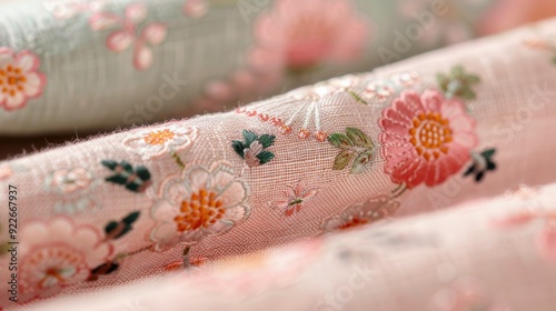 Delicate Floral Embroidery on Soft Pink Fabric in Natural Light