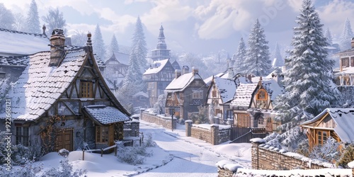 Snow-covered rooftops in a quaint village