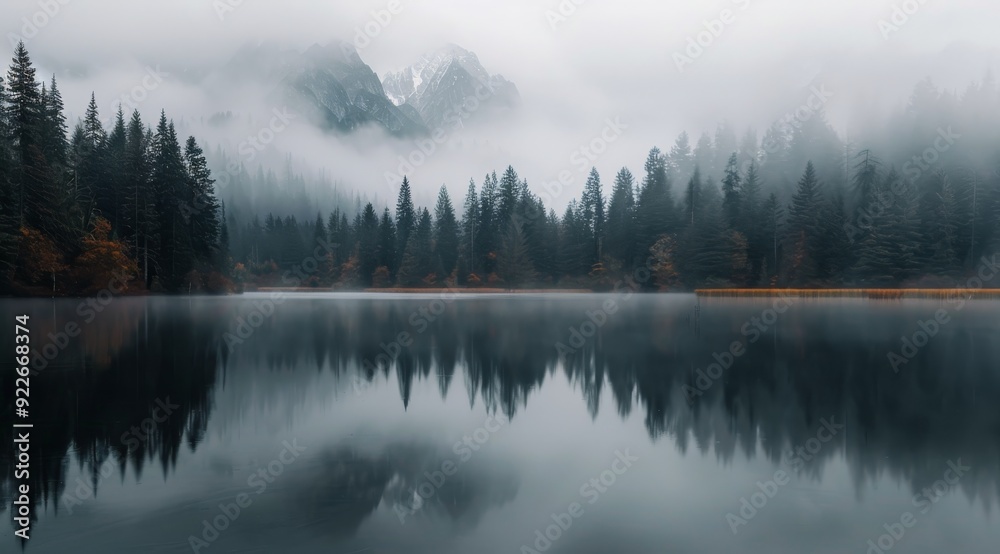 Fototapeta premium Serene Misty Morning at a Mountain Lake With Reflective Pine Trees