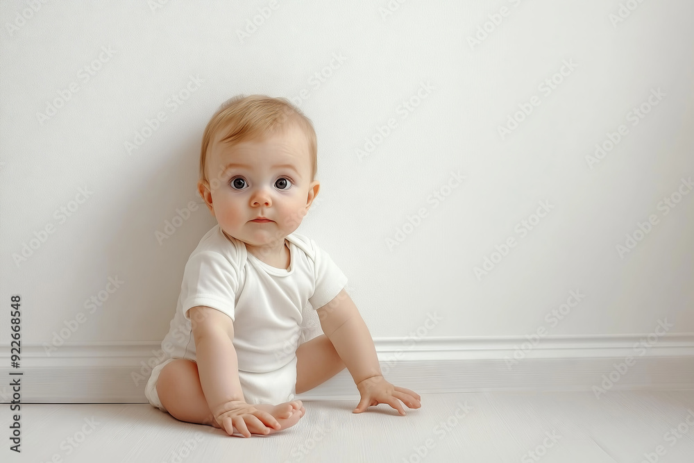 A curious baby exploring a bright, minimalist room on a sunny afternoon A curious baby exploring a bright, minimalist room on a sunny afternoon