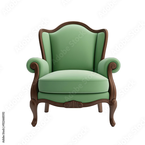 Elegant green armchair with wooden accents, perfect for adding a touch of classic style to any interior decor. transparent background